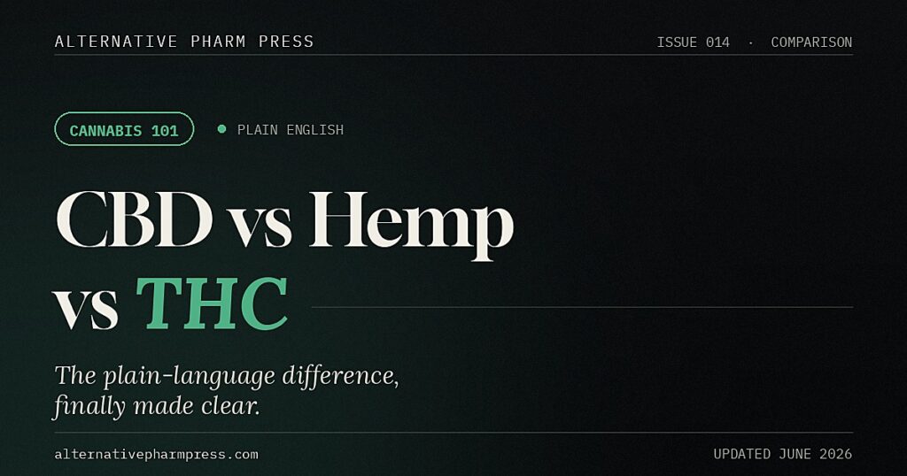 CBD vs hemp vs THC plain-language comparison cover from Alternative Pharm Press