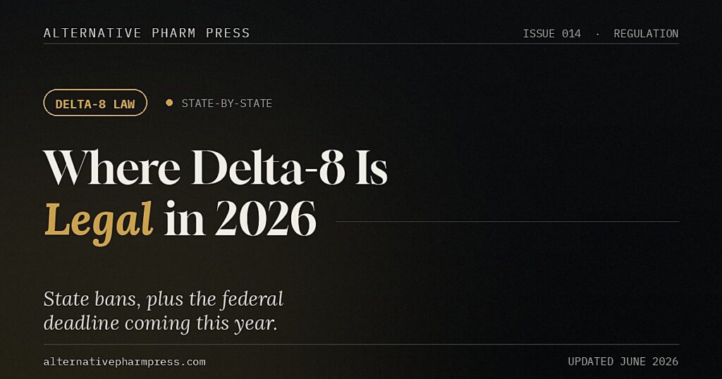 States where delta-8 is legal or banned in 2026, editorial cover from Alternative Pharm Press