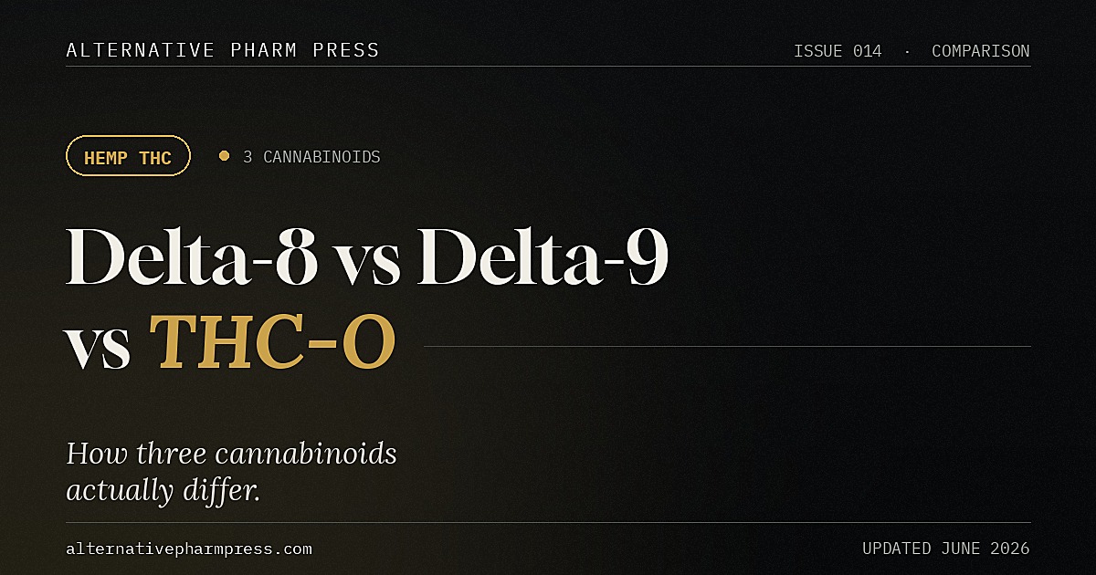 Delta-8 vs delta-9 vs THC-O comparison cover from Alternative Pharm Press