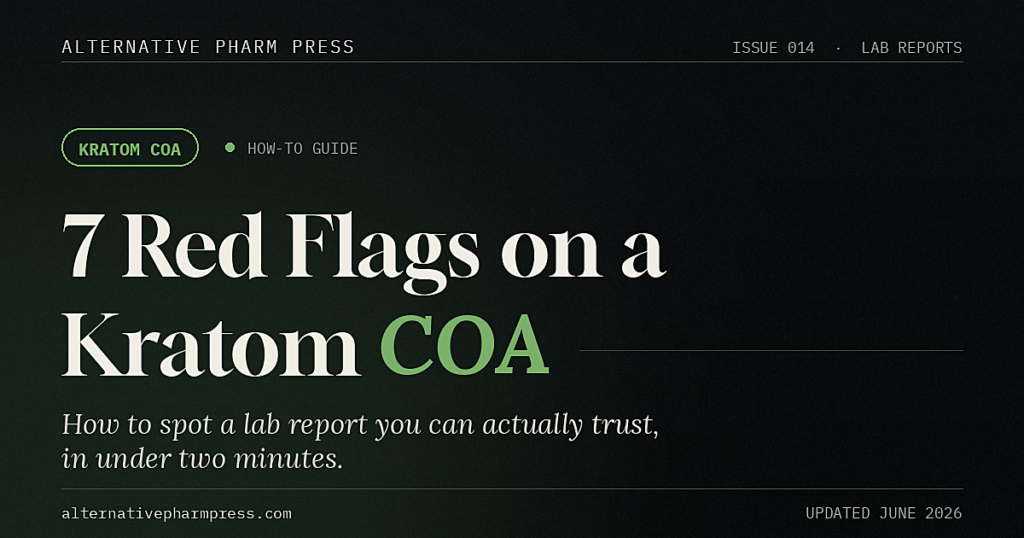 7 red flags on a kratom COA, editorial cover from Alternative Pharm Press
