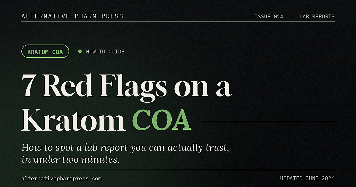 7 red flags on a kratom COA, editorial cover from Alternative Pharm Press