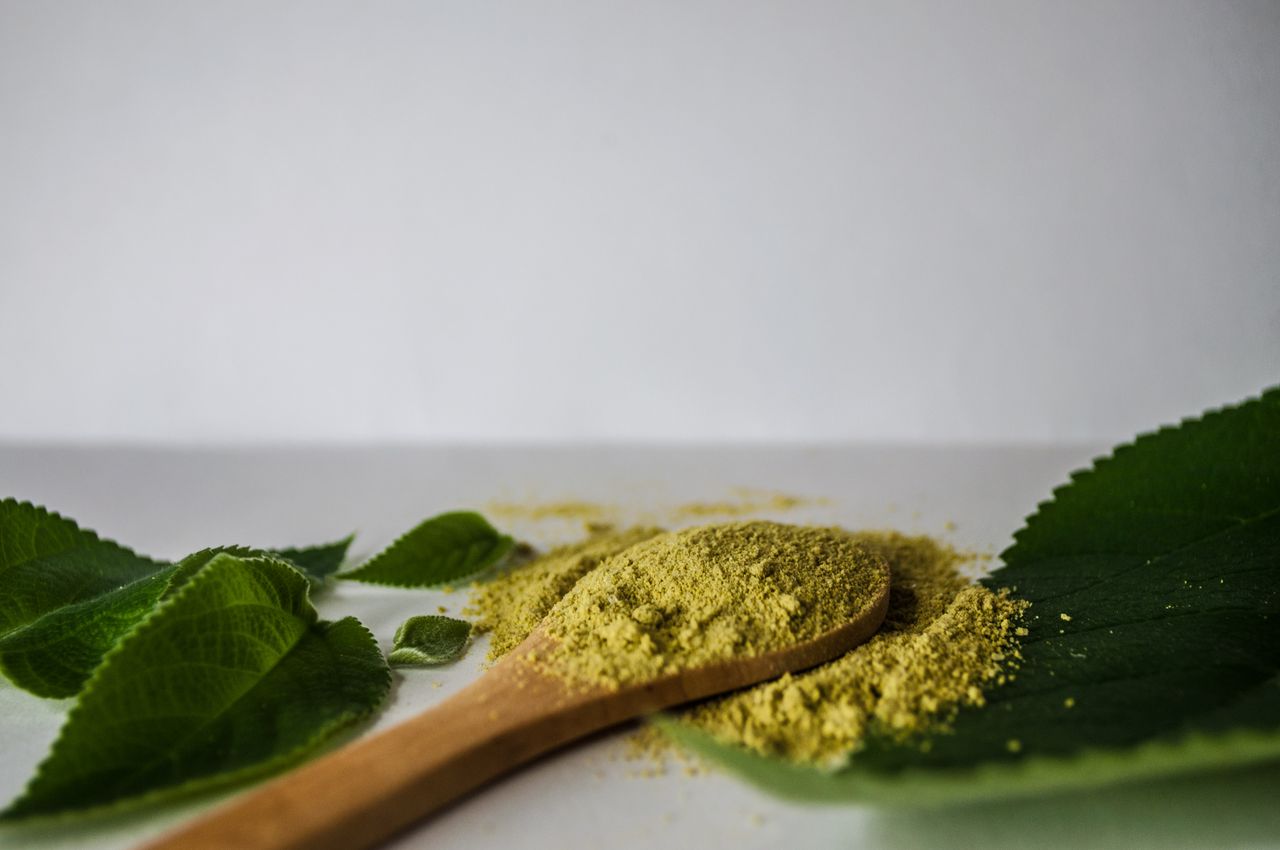 Herbal powder on a wooden spoon surrounded by green leaves