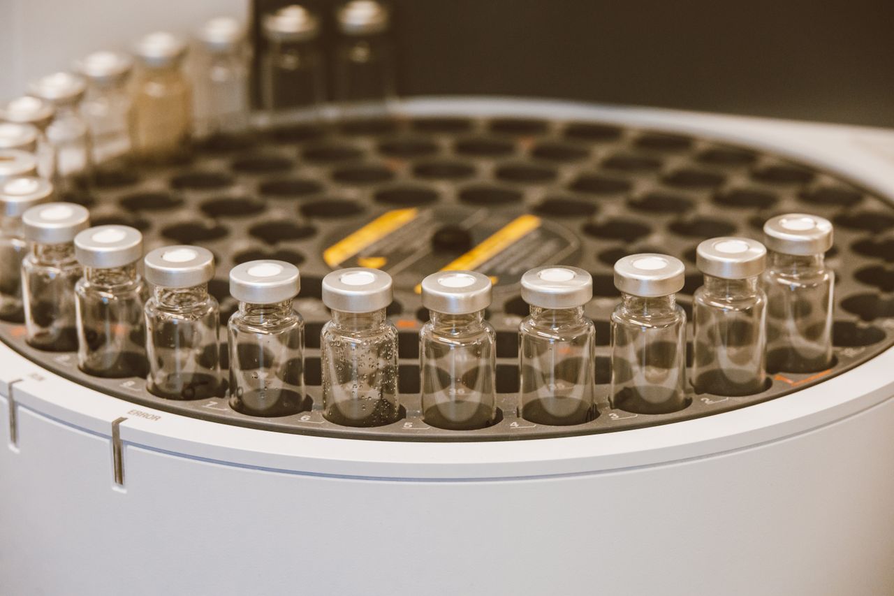 Array of glass vials in a laboratory