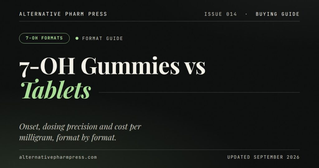 Editorial cover card: 7-OH gummies vs tablets format guide