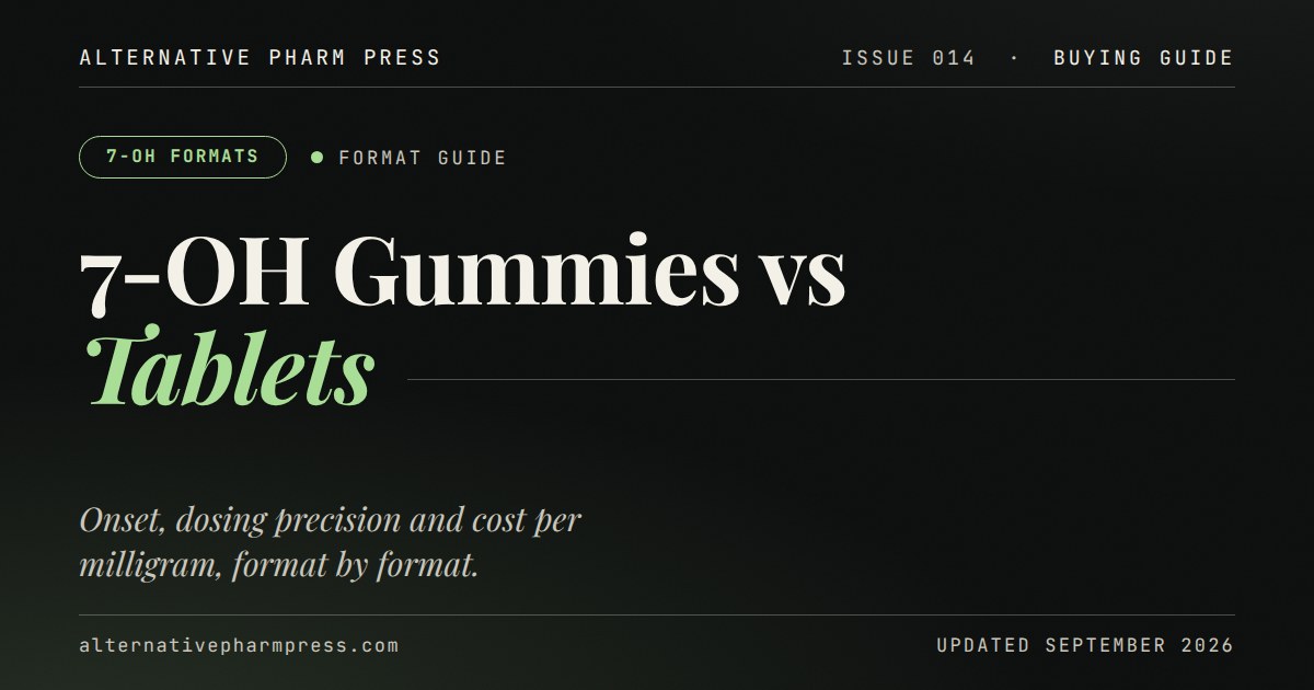 Editorial cover card: 7-OH gummies vs tablets format guide
