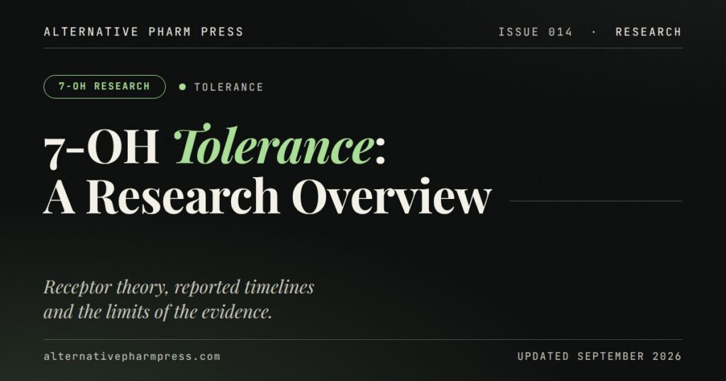 Editorial cover card: 7-OH tolerance research overview