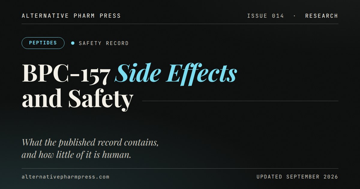 Editorial cover card: BPC-157 side effects and safety record