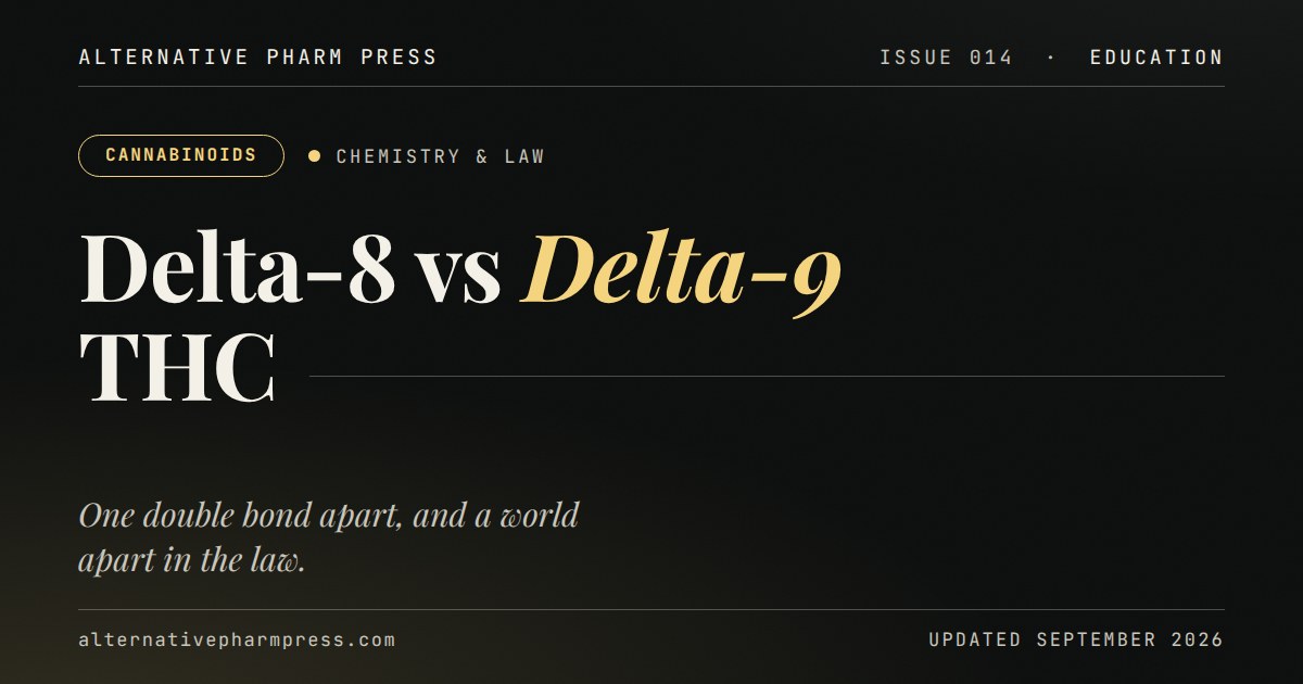 Editorial cover card: Delta-8 vs Delta-9 THC, chemistry and law