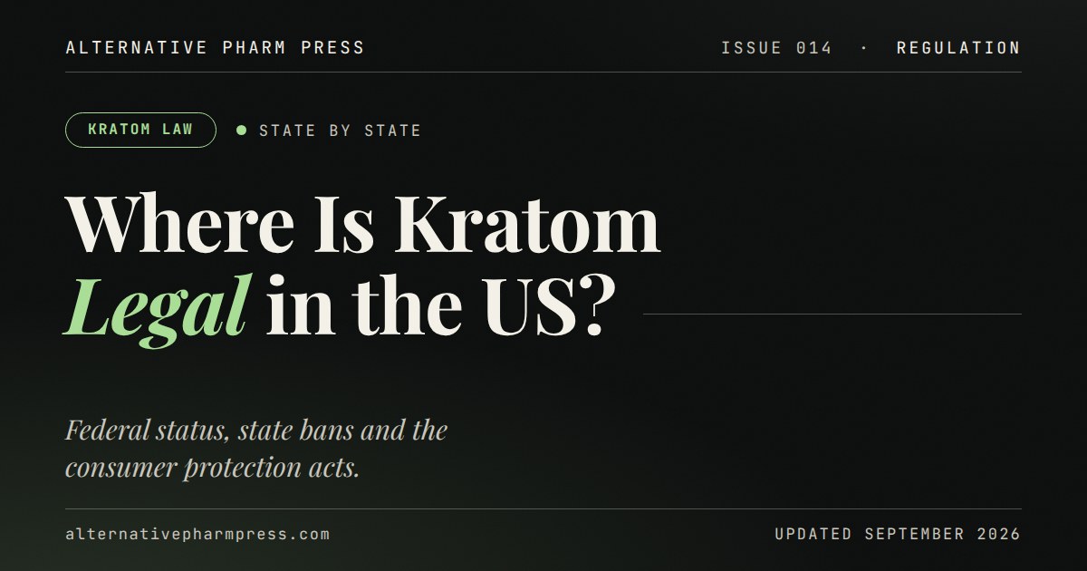 Editorial cover card: where kratom is legal in the US, state by state