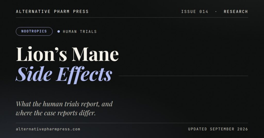 Editorial cover card: Lion's Mane side effects in human trials