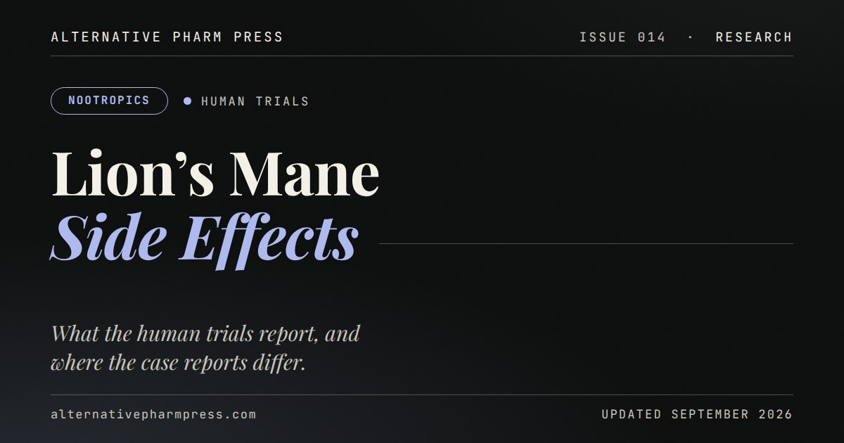 Editorial cover card: Lion's Mane side effects in human trials