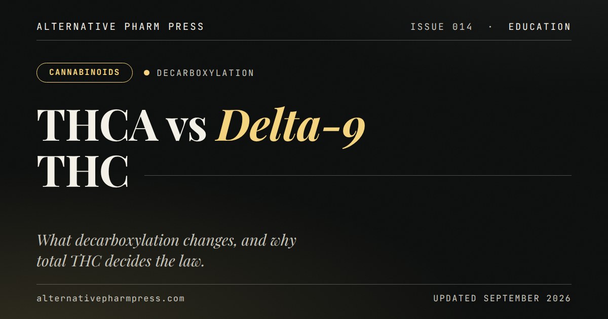 Editorial cover card: THCA vs Delta-9 THC and decarboxylation