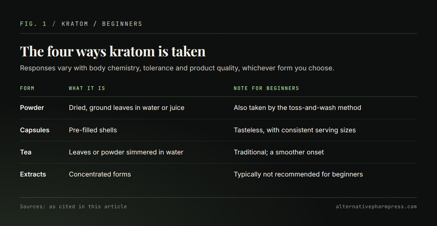 Table of four kratom formats with a description of each and the note this article gives beginners.