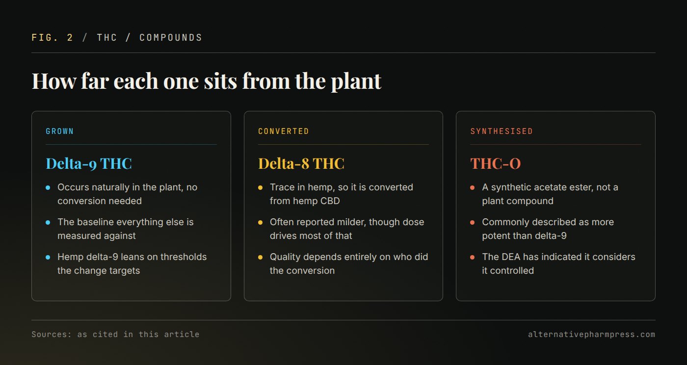 Three columns comparing delta-9, delta-8 and THC-O by source, potency and legal standing.