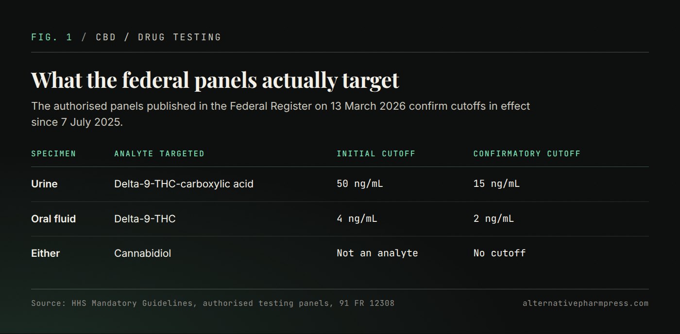 Table of federal workplace testing analytes and cutoffs for urine and oral fluid, showing that cannabidiol appears on neither panel.