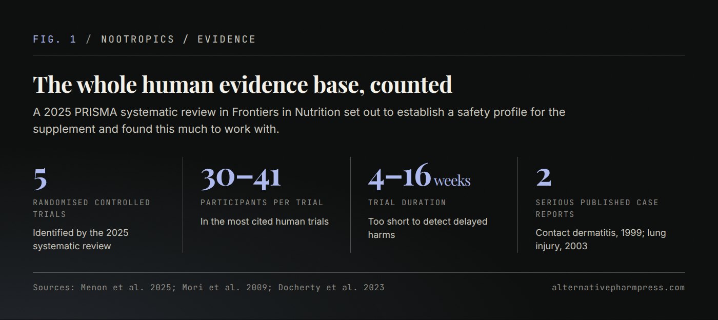 Four hero figures on lion's mane human research: number of randomised controlled trials, participants per trial, trial duration, and published serious case reports.