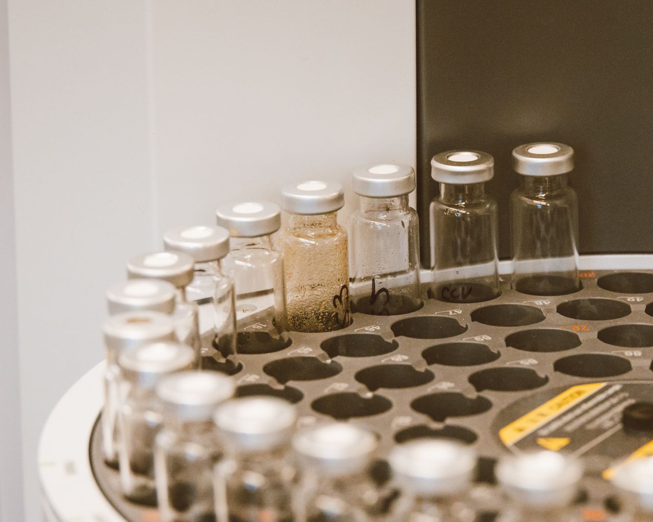 Vials arranged in a laboratory rack