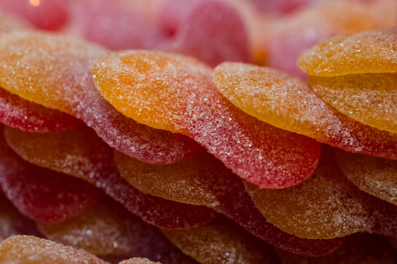 Macro image of sugar-coated gummy candies