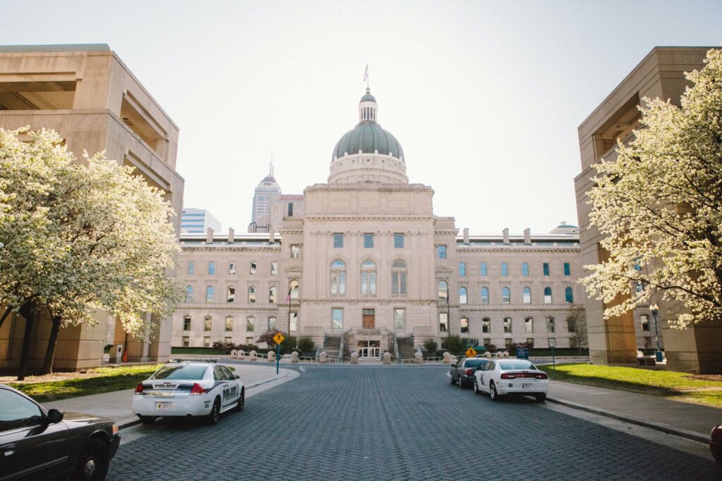 Historic Indiana State Capitol Building in Indianapolis during springtime
