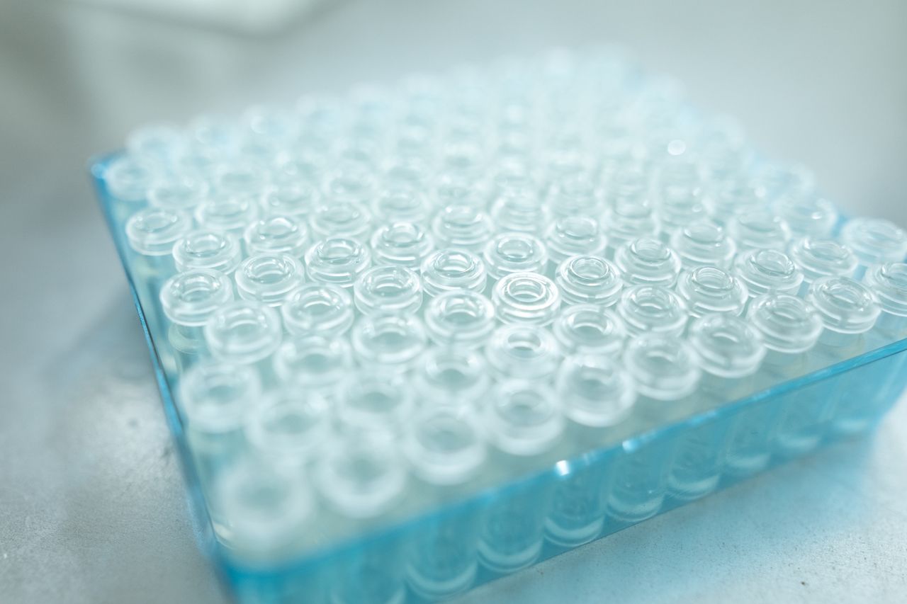Transparent glass vials arranged in a blue tray