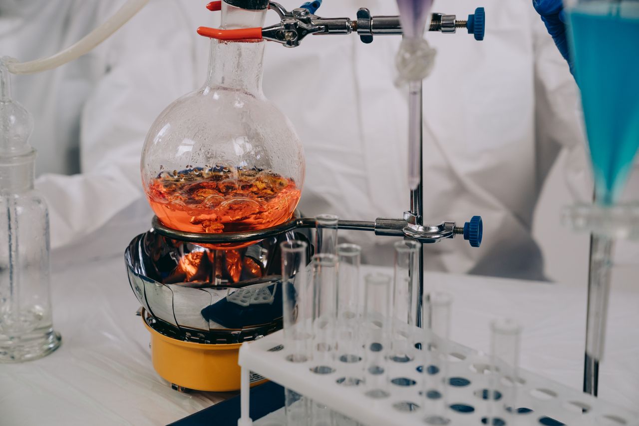 Chemistry laboratory equipment with flasks and vials