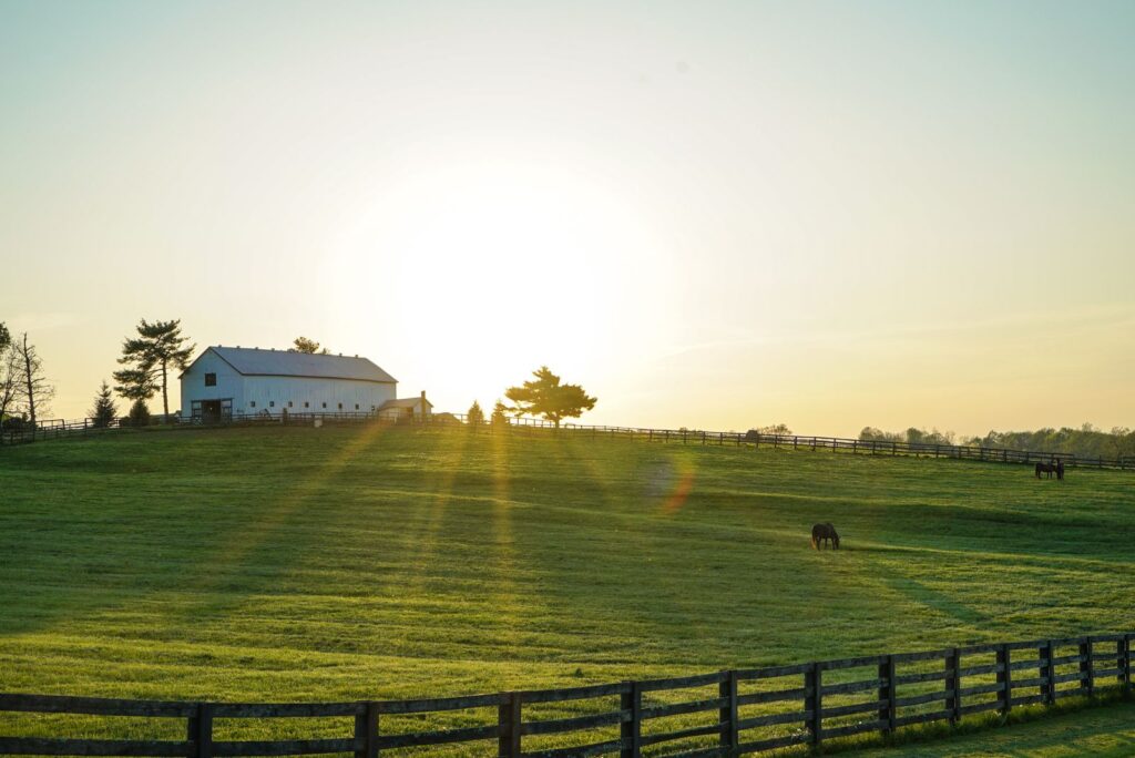 Beautiful sunrise illuminating a peaceful Kentucky farm with lush green pastures