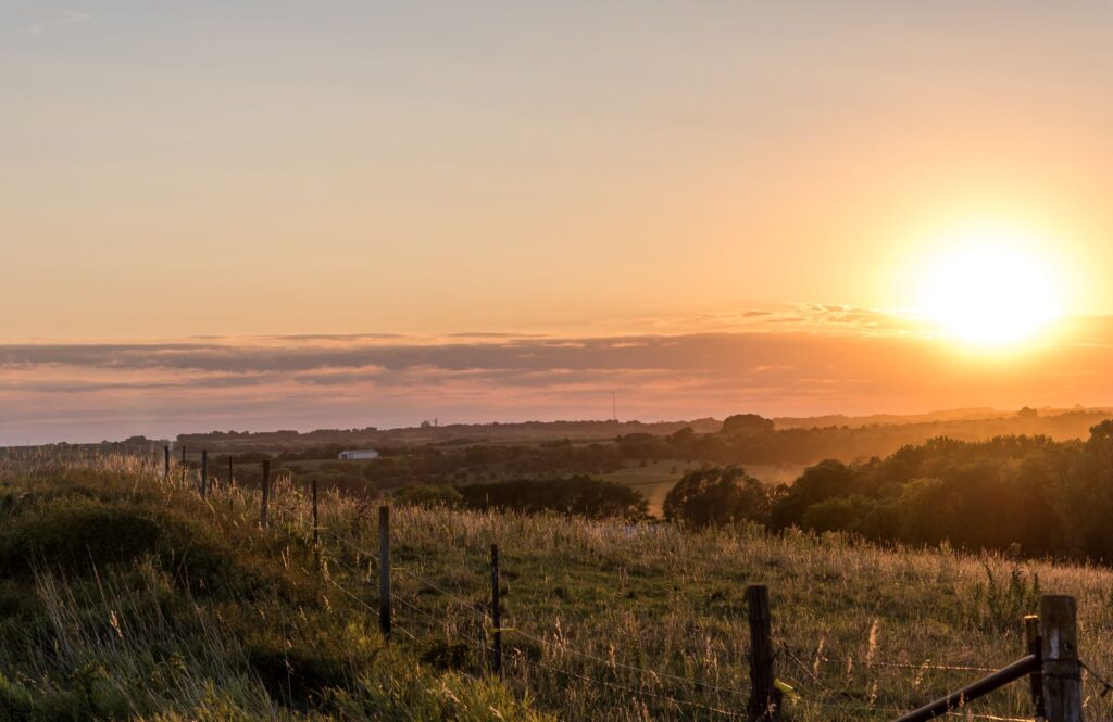 Serene view of sunrise illuminating rural Nebraska landscape with fields and trees