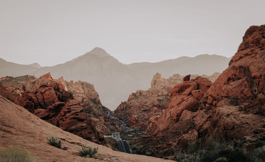 Stunning view of Red Rock Canyon's unique sandstone formations under clear skies