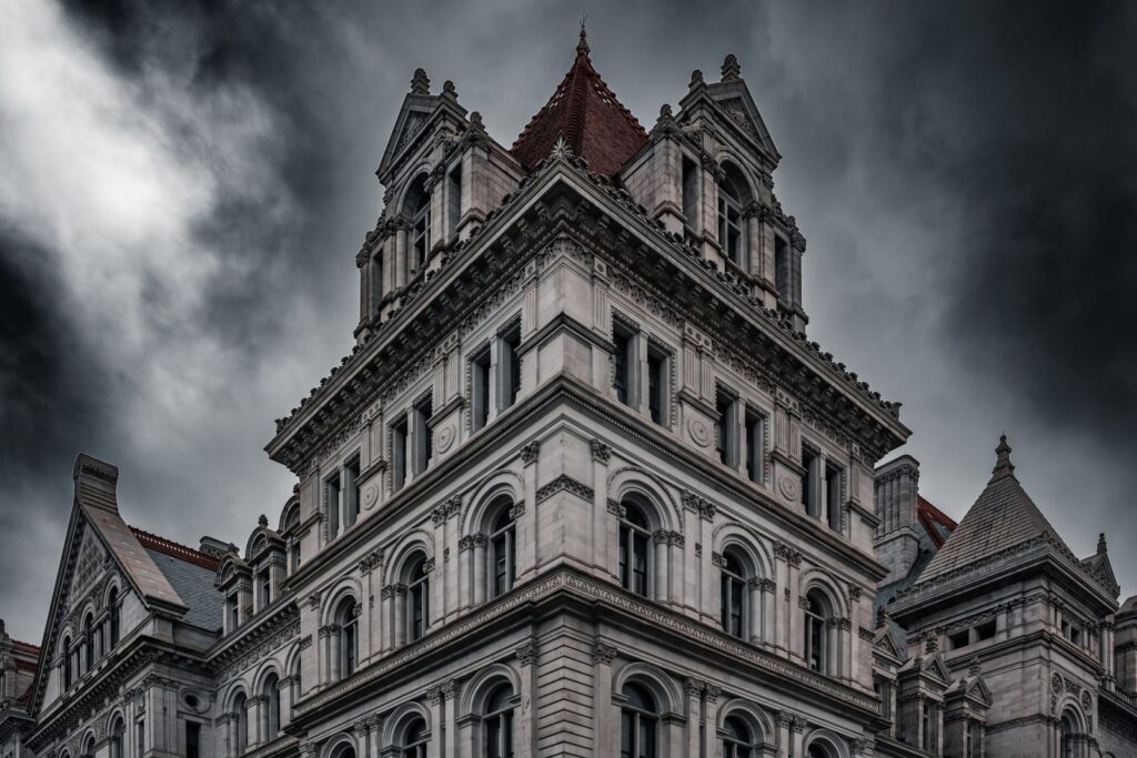 Dramatic view of the New York State Capitol building's Neo-Renaissance facade