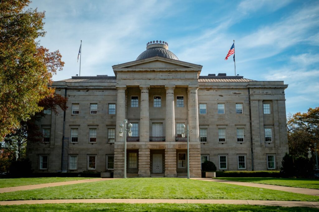 Front view of the historic North Carolina State Capitol in Raleigh