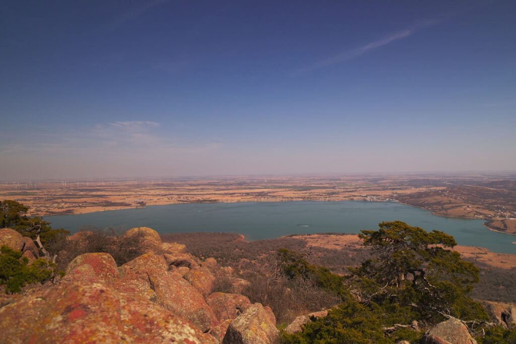 Breathtaking panoramic view of Lake Lawtonka and surrounding landscape from