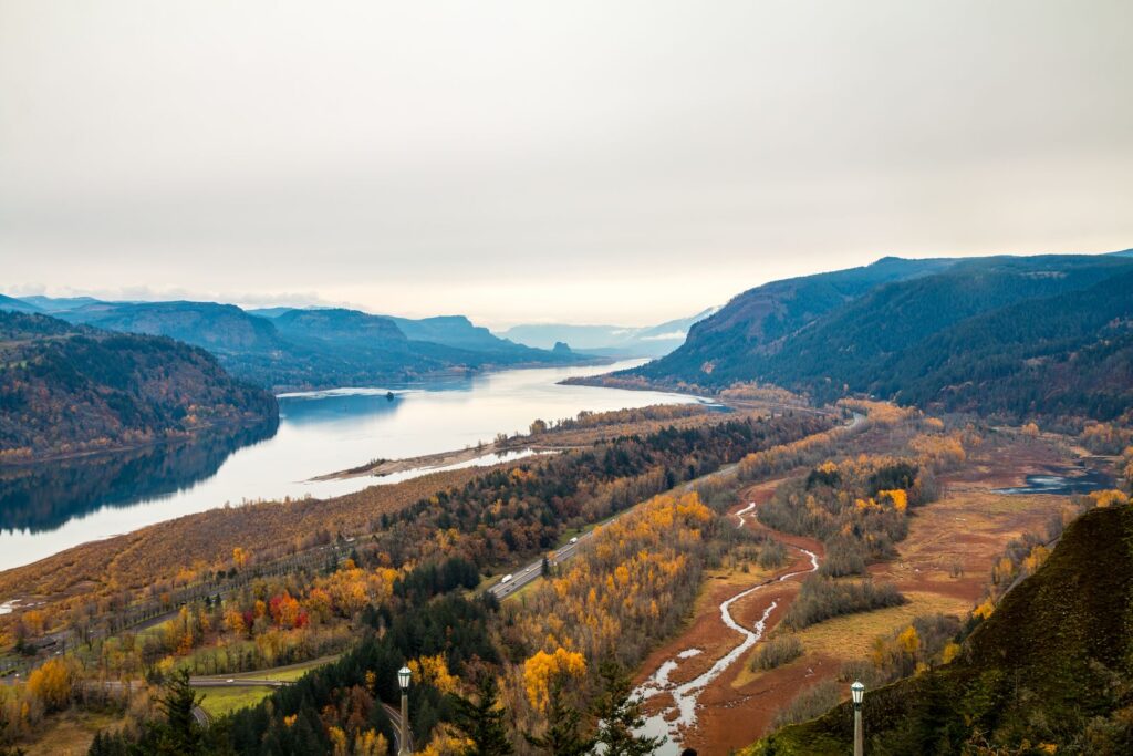 Breathtaking view of Columbia River Gorge in fall, featuring vibrant foliage