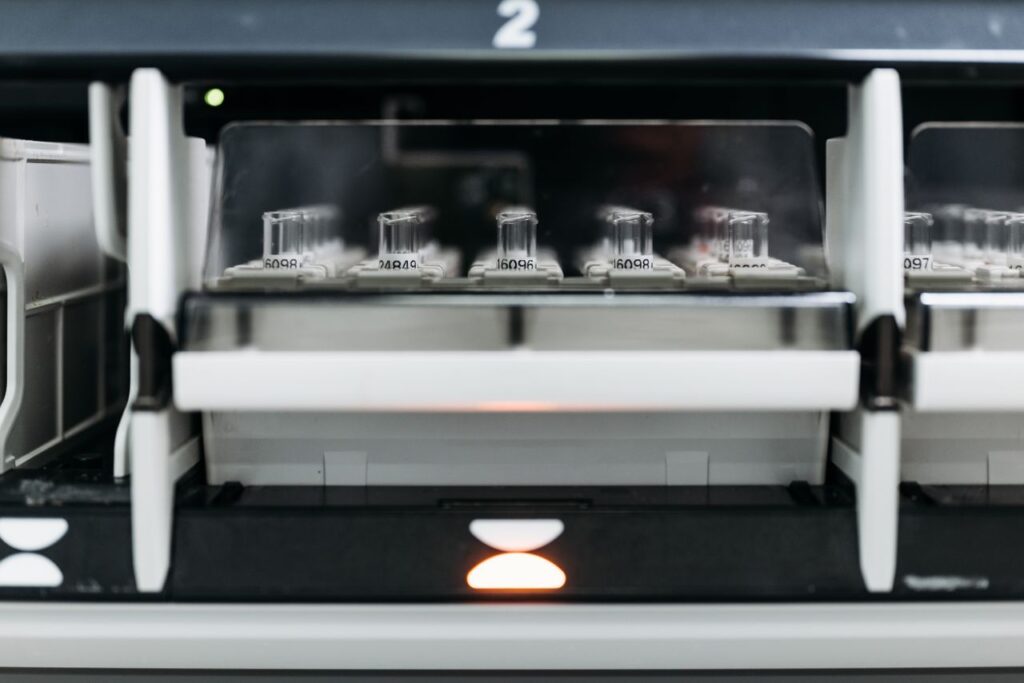 Laboratory equipment with test tubes in a rack
