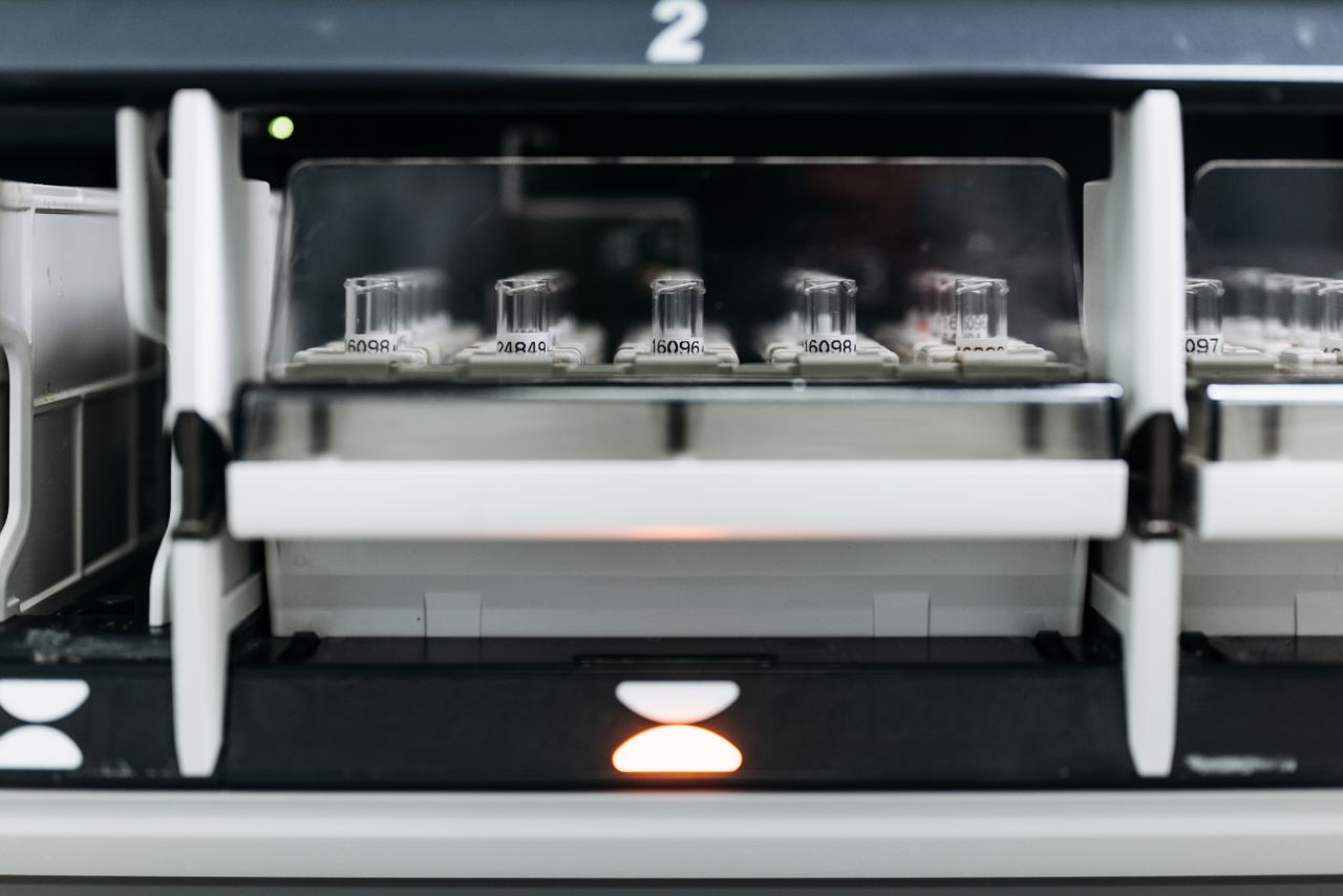 Laboratory equipment with test tubes in a rack