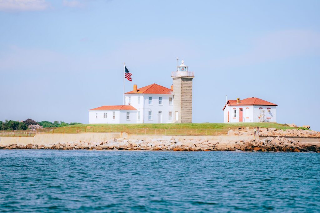 Scenic view of Watch Hill Lighthouse on a sunny day in Rhode Island, USA