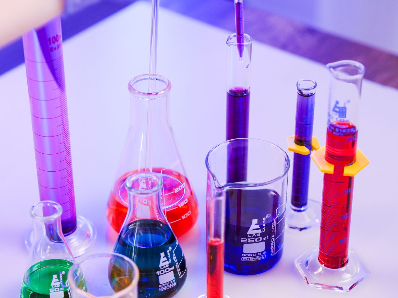 Coloured liquids in laboratory glassware