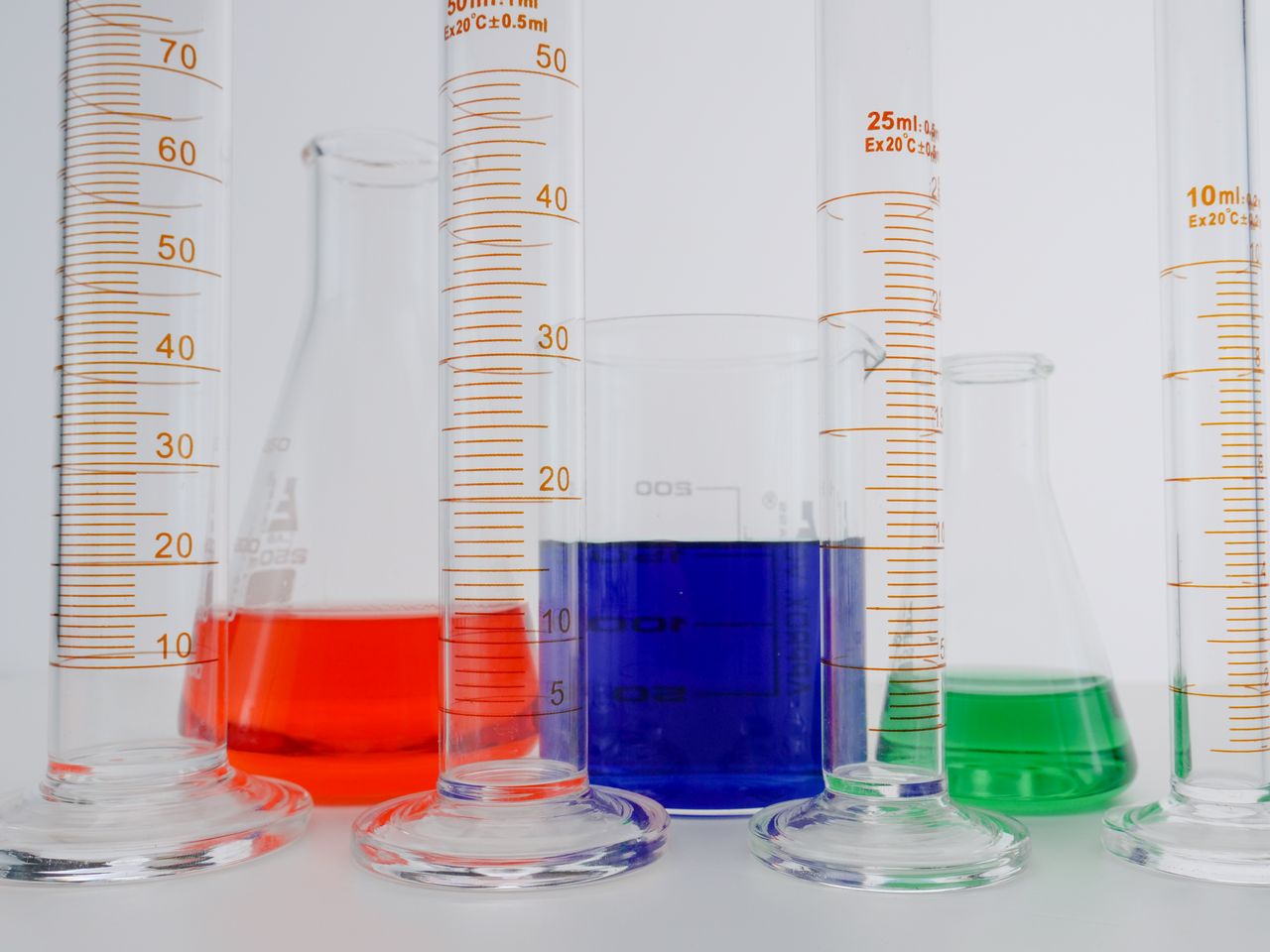 Colourful liquids in laboratory glassware