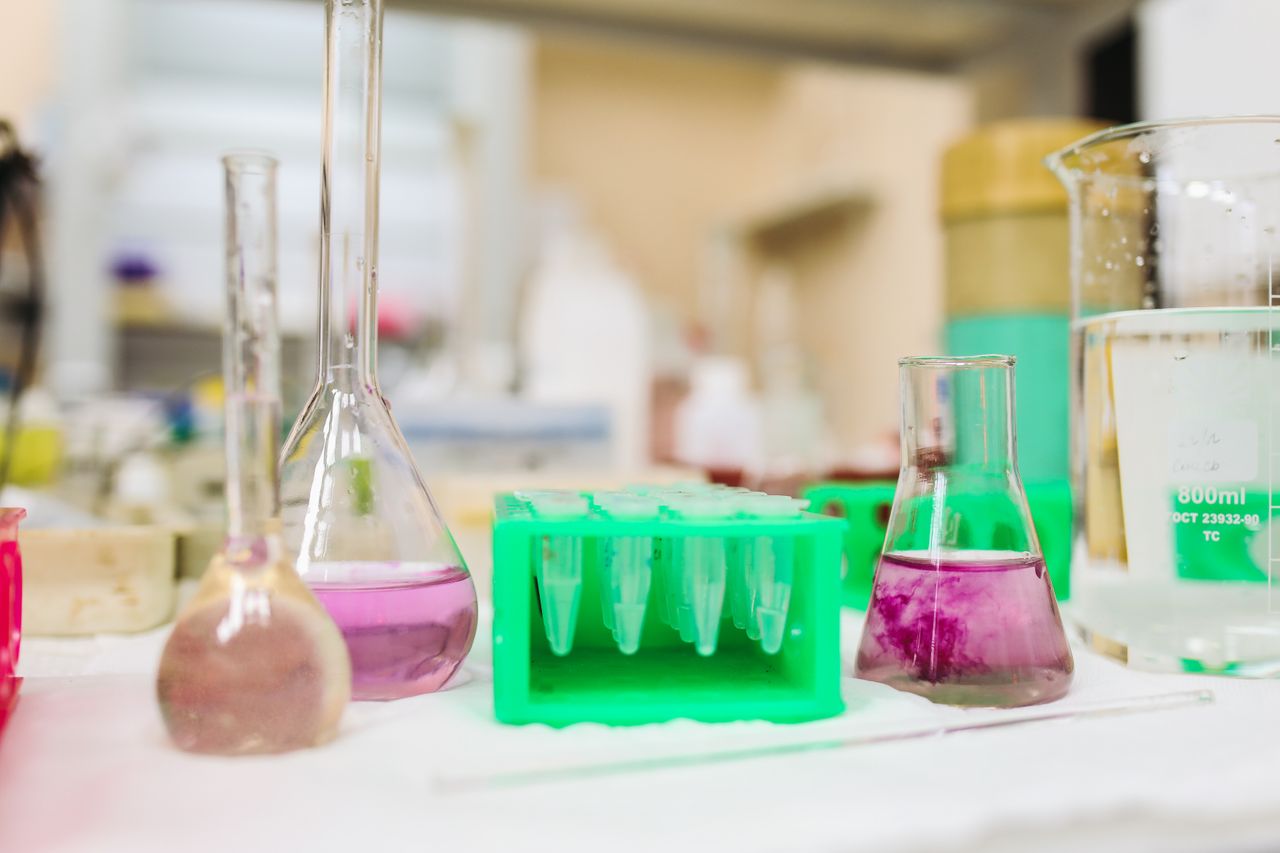 Laboratory glassware with colourful liquids