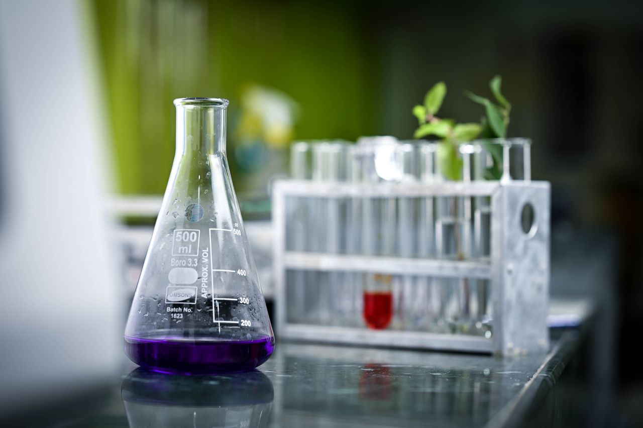 Laboratory flask with purple liquid and test tubes