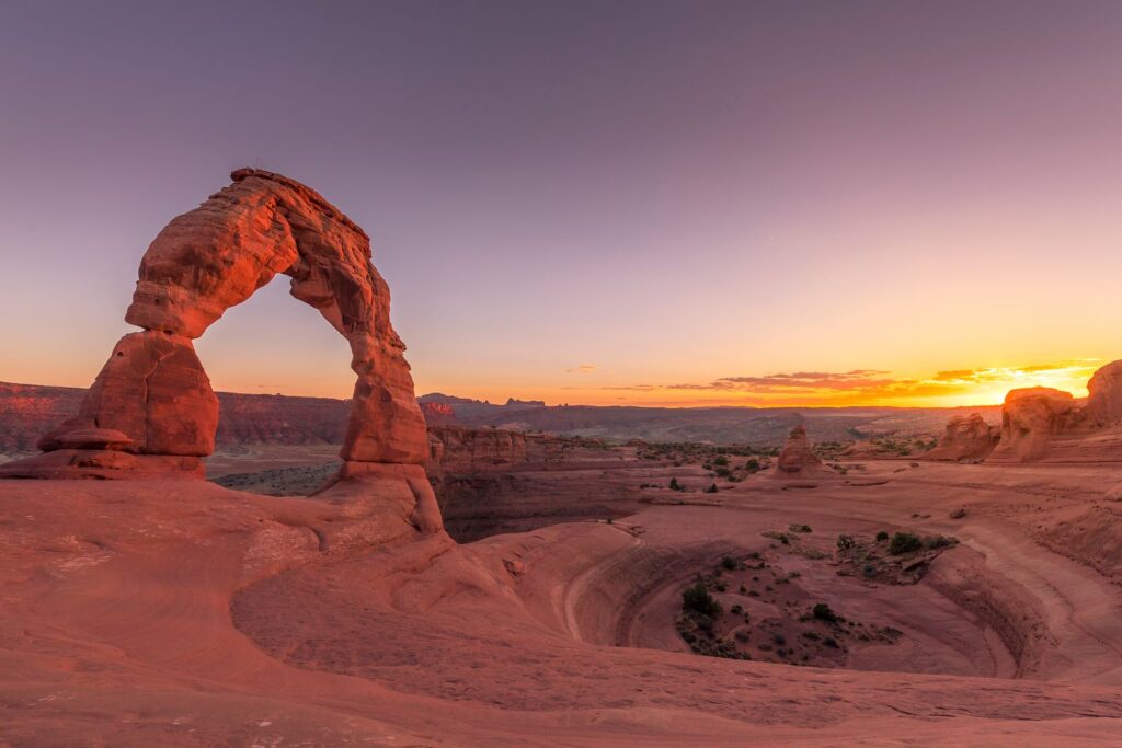 Breathtaking view of Delicate Arch in Arches National Park at sunset