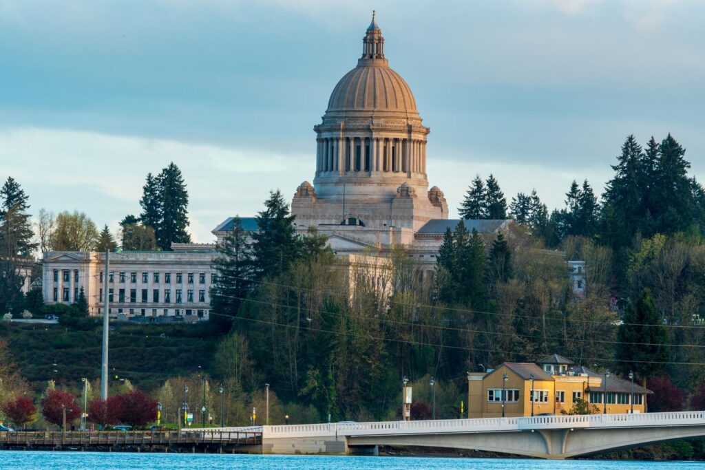 Scenic view of the Washington State Capitol building in Olympia surrounded by lush