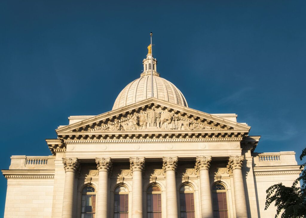 Stunning view of Wisconsin State Capitol building against a clear blue sky