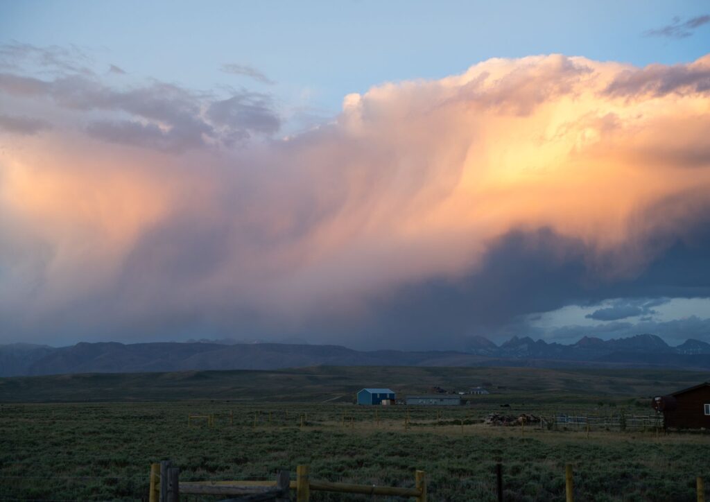 Stunning sunset cloud formation over a rural landscape near Pinedale, Wyoming